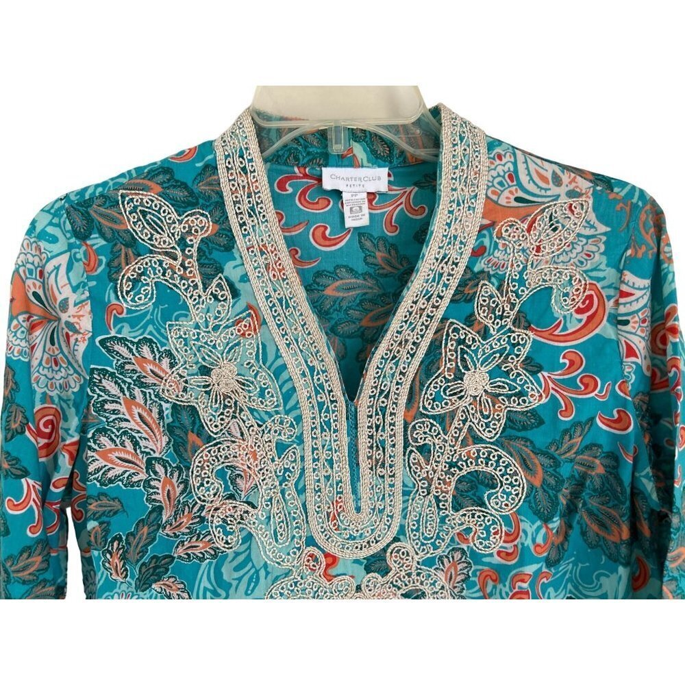 Charter Club Tunic Top Blouse Cotton Embroidered Paisley Size Small - Picture 3 of 6